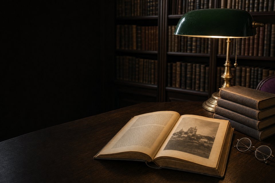 AI-generiertes Stillleben: ein Lesesaal mit dicht gefüllten Bücherregalen, davor ein aufgeschlagener Band mit einer historischen Fototafel, ein Stapel leinengebundener Bände, eine Lesebrille und eine grüne Bankerlampe